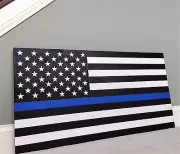 36" x 19" Large Hand-Crafted Thin Blue Line Wood American Flag for our Police