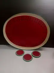 Handmade Haiti Paper Mache Handpainted WATERMELON Serving Tray & 3 Coasters Rosy