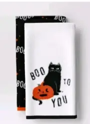 Target Hyde & EEK 2 pk Halloween 'Boo to You' Black Cat Hand Towels White NEW