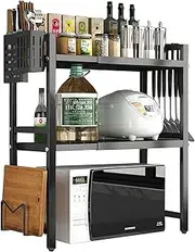 Expandable Over Microwave Shelf Unit-Oven Stand Countertop, Microwave Stand Kitchen Organiser Storage, Height Width Adjustable Pantry Rack, Single Layer Counter Shelf with Hook Cutting Board (Black）