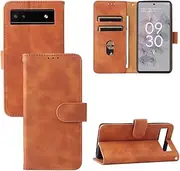 TiHen Compatible for Google Pixel 6A Wallet Case PU Leather Magnetic Flip Kickstand Cover with Wrist Strap, Cards Holder+Temper Glass Screen Protector*2-Brown