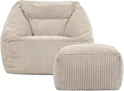 1-seat Thick Corduroy Bean Bag Chair Bean Bag Cover Soft Pouf Ottoman No Filler Kids Adults Beanbag Chair Lazy Armchair Couch Floor Seating Frameless Furniture(Beige White,2 in 1 Cover)