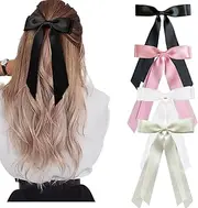 ZANZER (4PCS) Silky Satin Hair Bows Hair Clip Beige Pink Hair Ribbon Ponytail Holder Accessories Slides Metal Clips Hair Bow for Women Girls Toddlers Teens Kids（Black + White + Pink + Beige）