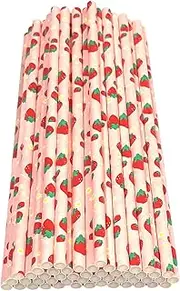 [Haobase] 50Pcs Paper Drinking Straws, Biodegradable Paper Straws for Drinking Cocktail, Coffee, Cold Drinks (Fruit Pattern) (Strawberry Pattern)