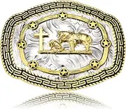 [KOORASY] Western Cowboy Bull Rider Cocky Longhorn Horse Belt Buckle for Men, Golden Star Texas American Belt Buckles