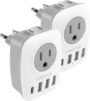 2 Pack European Plug Adapter, International Power Plug Adapter with 1 USB C, 2