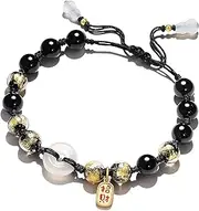 [QSAENHA] Agate Bracelet Feng Shui Wealth Bracelet White Agate Harmony Buckle Ancient Coin Carnelian Bracelet Longevity Gourd Charm Gold Foil Glaze Vintage Red Cord Bracelet Prosperity Jade Donut/2062