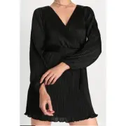 Lulus Plissed to Be Here Black Plisse Balloon Sleeve Mini Dress V-neck XS NEW