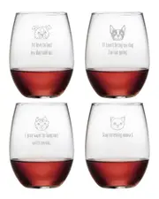 Susquehanna Glass Set of 4 Cats & Dogs Assortment Stemless Wine Tumblers