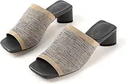 [TIJN] Open Toe Heeled Mules for Women, Square Flat, Triangle Low Block Heels, Breathable Recycled Knit Fabric, 100% Vegan, No Squeezing, Slip-On Design(Katrin)
