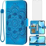 Asuwish Compatible with iPhone 13 6.1 inch Wallet Case and Tempered Glass Screen Protector Leather Flip Credit Card Holder Cell Phone Cover for iPhone13 5G i i-Phone i13 iPhone13case Women Men Blue