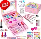 Kids Makeup Kit for Girls with Unicorn Box, Real Washable Set, Mirror & Rings