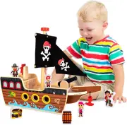 Wooden Pirate Ship Toy Set for Kids - Pirate Play Set with Wood Ship, Cannon, Ba