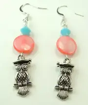 Orange Shell MOP Earrings with Crystal & Owls Handmade Jewelry