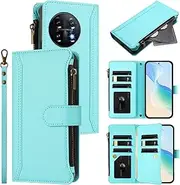 Flip Cover Compatible with OnePlus 11 5G,Compatible with OnePlus 11 5G Lanyard【9 Card Slots】【Dual Holder】【Zipper Wallet】【Magnetic Clasp】 Stand MintGreen