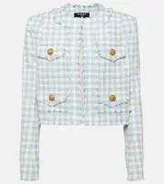 [Balmain] Balmain Checked cotton-blend tweed jacket UK 18 blue