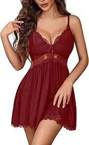 [Avidlove] Women Babydoll Nightgown Chemises Lace Modal Sleepwear V-Neck Full Slip Sleep Dress