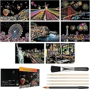 14 Pcs Scratch Art Set, 8 Sheets A4 City Series Night Scene Engraving Painting, Landscape Scratchboard with Tools, Creative DIY Craft Ideas Scratch Art for Adults Kids(Europe/America)