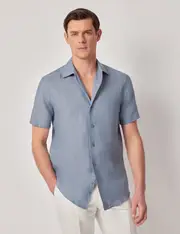 Hawes & Curtis Sea Blue Pure Linen Slim Short Sleeve Shirt | One Piece Collar Size: Small