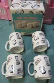 Fitz & Floyd 4 Piece Mug Set Omnibus 50's Kitchen Americana Mugs Nostalgic Look