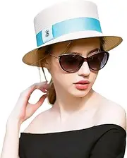 [Fiunkes] Womens Sun Hat Boater Hat with Band, Wide Brim UV Protection Straw Hat UPF50+ Skimmer Beach Hat, 20s Costume Accessory