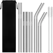 12-Pack Metal Straws Reusable with Case - Stainless Steel Drinking Straws for 30oz and 20oz Tumblers Yeti Dishwasher Safe, 2 Brushes Included