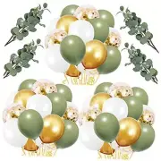 60 Pcs White Sage Green Balloons Latex Balloons with Artificial Eucalyptus