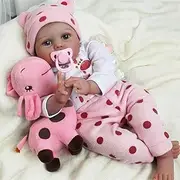 RUNGQIANY Reborn Baby Doll with Pink Polka Dot Outfit, Plush Toys, Pacifier, 22 inches 55 cm Reborn Baby Dolls Girls Boys & Girls Toy Gift Newborn Baby Suitable for 3 Years Old +