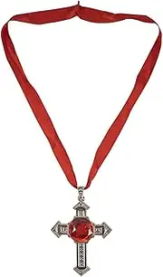 [TG,LLC] TG Treasure Gurus Medieval Silver Cross Necklace Renaissance Red Ruby Stone Pendant Costume Jewelry Fashion Accessory, OneSize, Plastic Stone Metal