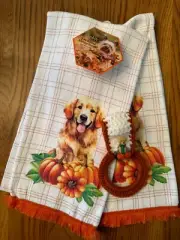 " FALL LABRADOR DOG" kitchen/ dish towels with crochet ring holder (3 pc set)
