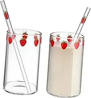 TOPPERFUN 2Sets Clear Drinking Cups with Strawberry Print and Straw Multi Function Milk and Juice Cups for Home Use and Refreshing Beverages