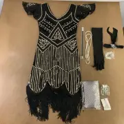 Women's Small Black & Gold Sequin Fringe Flapper Dress & Accessory Set 9 Pieces
