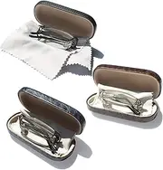 EYE ZOOM 3 Pairs Compact Rectangular Metal Folding Reading with Hard Case Comfort Fit for Men and Women, Black, Gunmetal and Silver, 3.50