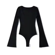 Flared-Sleeve Scoop Neck Plain Bodysuit Top Black - S