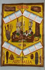 VTG 1980 Calendar Tea Towel Aboriginal Art Australia Birth Year Gift New Cotton