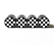 Checkered Flag Tire Valve Caps - Black Aluminum - Set of Four - Universal