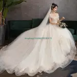 時尚】婚紗禮服 新款新娘結婚一字肩齊地珍珠拖尾婚高腰孕婦婚紗優雅 新款 一字肩婚紗