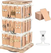 J JACKCUBE DESIGN 3 Tier 360 Rotating White Metal Earring Holder Organizer, Jewelry Display Rack, Vintage Farmhouse Style Stand for Necklaces, Piercings with 48 Hooks and Wood Tray Shelf -MK1073B