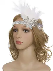 1920s Headband White Feather Vintage Bridal Great Gatsby Flapper Headpiece gangster ladies