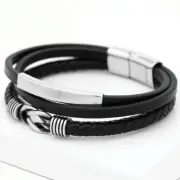 Men's 8" Stainless-Steel.Black Eternity Braided Leather Magnetic.Bracelet,BOX
