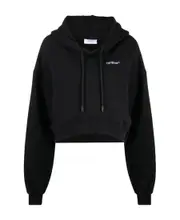 Off-White Logo Printed Cropped Drawstring Hoodie M Black