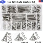 240pcs Hex Cap Bolts and Nuts Washer Screws Assortment Kit 304 Stainless Steel