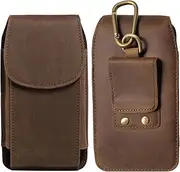 Hengwin Men's Genuine Leather Belt Bag, Mobile Phone Case for iPhone 15 Pro Max, 15 Plus, 14 13 12 11 Pro Max Cases, Small Travel Belt Bag, Smartphone Card Bag, Handbag (Retro Brown)