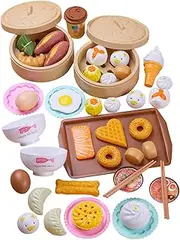 46Pcs Play Food Set, Chinese Breakfast Dim Sum Set with Steam Buns and More Food Cooking Toys Role Play Toys Kids Ages 3+ Dim Sum Kids Kitchen Playset
