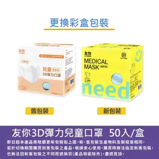 【台灣康匠】友你 兒童3D彈力醫療口罩-黃色 白色 藍色(2盒組 50入/盒)