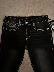 True Religion Geno BIG T Flap Relax Slim Jean Grey Humid Wash Red STICH Sz 34x32