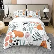 100% Cotton Kawaii Capybara Duvet Cover, Cartoon Capybara Bedding Set, 135 x 200, Cute Love Heart Leaves Flowers Comforter Cover for Children, Girls, Boys, Paw Print Animal Duvet Cover