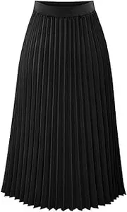 [TEERFU] Womens Pleated Midi Skirt,High Waist Swing Boho Pleated Skirt Casual Chiffon Elastic A-line Long Skirts