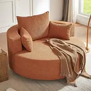 55.1” Oversized Round Swivel Barrel Chair, Large Upholstered Accent Sofa Chair with 3 Pillow, Comfy Chenille Cloud Circle Reading Chaise Lounge Indoor for Living Room, Bedroom,Apartment,Red