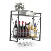 Wall Mounted Wine Rack 2 Tier Shelf with 5 Rows Wine Glass Hanging Black Oak